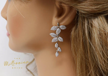Long Bridal Vine Leaves Drop, Dangle Crystal, Diamond Earring, Long Bridal Jewelry, Crystal Bridal Earrings, Statement Earrings Cz